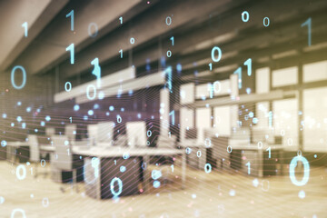 Aufkleber - Abstract virtual binary code hologram on a modern furnished classroom background, AI and machine learning concept. Multiexposure