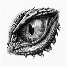 Dragon Or Dinosaur Monster Eye Tattoo, Sketch, Tshirt Print. Monochrome Reptile Eyeball And Spiky Skin. Realistic Sketch Of Black And White Fantasy Creature Pupil. Mythical Animal Eye Drawing