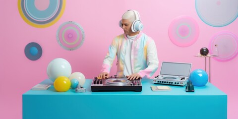 Wall Mural - Music DJ, crazy summer party, pastel abstract concept, playing dance music. A pastel futuristic party with confetti. Fun youthful atmosphere in the club. Generative AI.