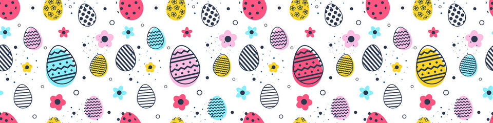 Wall Mural - Transparent Easter banner with eggs and flowers. Seamless pattern. PNG illustration