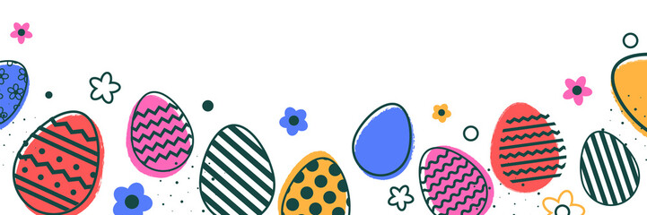 Wall Mural - Pastel Easter eggs and flowers on transparent background. Minimal design. Banner. PNG illustration