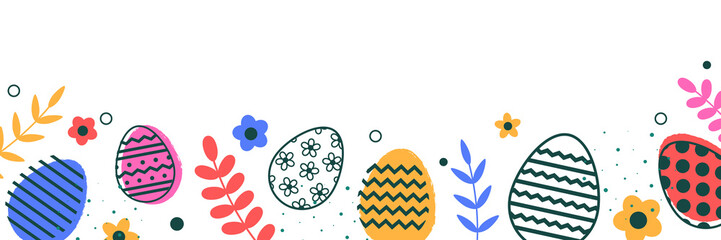 Wall Mural - Easter eggs and flowers on transparent background. Modern cartoon style. Panoramic header. PNG illustration