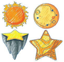 Sticker - Space Objects in Pencil Colour Sketch Simple Style