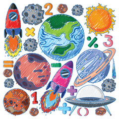 Wall Mural - Space Objects in Pencil Colour Sketch Simple Style