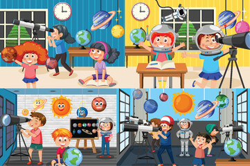 Wall Mural - kids in space astronomy theme