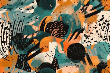 Poster - an abstract painting with black, orange, and blue colors. Generative AI