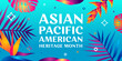 Asian American and Pacific Islander Heritage Month. Vector banner for social media, card, flyer. Illustration with text, tropical plants. Asian Pacific American Heritage Month horizontal composition