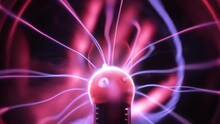 Plasma globe in slow motion. Blue and purple light beams, energy rays and pulsating light spheres slowly moving as a hand touches the surface. Close up.