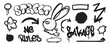 © TWINS DESIGN STUDIO - Set of graffiti spray pattern. Collection of black symbols, arrow, star, rabbit, text, bomb and stroke with spray texture. Elements on white background for banner, decoration, street art and ads.