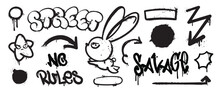 Set Of Graffiti Spray Pattern. Collection Of Black Symbols, Arrow, Star, Rabbit, Text, Bomb And Stroke With Spray Texture. Elements On White Background For Banner, Decoration, Street Art And Ads.