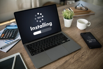 Fototapete - man installing Software Update On Mobile Phone And Laptop digital technology communication
