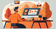 Flat vector illustration of Graphic designer working on computer desk