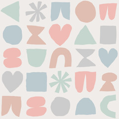 Vector pattern with different abstract shapes. Artistic texture with paper cut elements. Modern background with cutout circle, heart, square, triangle, and other abstract shapes