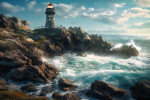 A Picturesque Lighthouse Overlooking A Rocky Shore, With Waves Crashing Against The Cliffs Below,