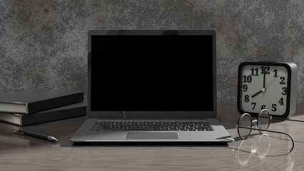 Wall Mural - Laptop with blank screen mockup on desk. Glasses, alarm clock, notebooks and pen on the desk to work with the computer. 3D Render.