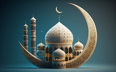 Ramadan Kareem with serene mosque, and crescent moon background with beautiful glowing lanterns 3d illustration of a mosque with golden, white, red  moon and stars ornament. AI GENERATIVE