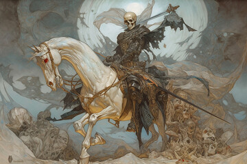 skeleton on horseback, horseman of the apocalypse, created by a neural network, Generative AI technology