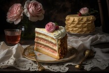 Beautiful Dessert In Rose And Cream Colors Napoleon Cake On Table, Created With Generative Ai