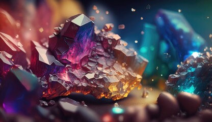 Wall Mural - Abstract background with shiny colored crystals, illustration, Beautiful collection of crystals, gems and minerals on a dark background. AI generated.