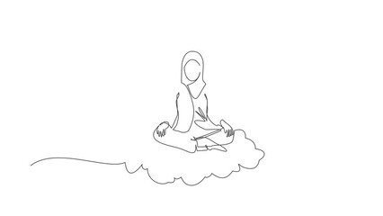 Poster - Animated self drawing of continuous line draw Arabian businesswoman relaxes, meditates in lotus position on clouds. Cute woman relaxing with yoga or meditation pose. Full length single line animation