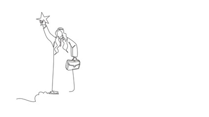 Poster - Self drawing animation of single line draw Arabian businessman reaching star on sky. Arab man holding briefcase standing on cloud, career path, dream job. Continuous line draw. Full length animated