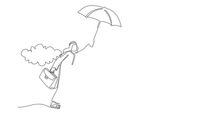 Poster - Animated self drawing of continuous line draw happy wealthy Arab businessman flying with his umbrella holding briefcase. Office worker achieve financial independence. Full length one line animation