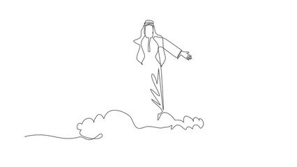 Aufkleber - Animated self drawing of continuous line draw Arabic businessman on top of cloud with raised hands. Successful business concept. Financial freedom, happiness, peaceful. Full length one line animation