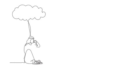 Poster - Animated self drawing of continuous line draw Arabian businessman feeling sad, depression sitting under cloud. Depressed loneliness sad worker in stress with problem. Full length one line animation