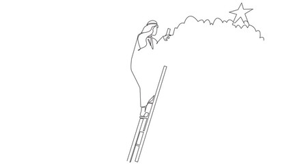 Poster - Animated self drawing of continuous line draw Arab businessman climbing ladder to reach stars. Businessman climbing to goal. Motivation to be success, winner, win. Full length single line animation