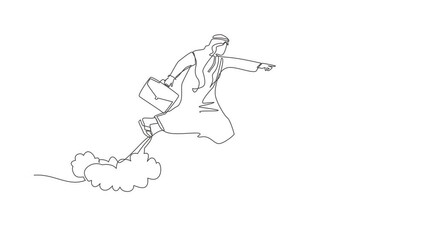 Poster - Animated self drawing of continuous line draw brave Arabic businessman make risk by jump over clouds to reach his success target or flag. Challenge of his career. Full length single line animation