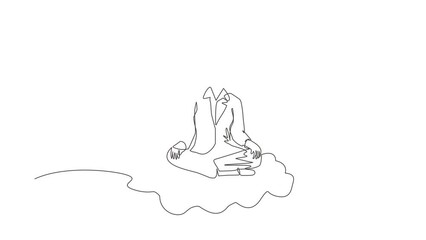 Poster - Animated self drawing of continuous line draw office worker relaxes, meditates in lotus position on clouds. Cheerful woman relaxing with yoga or meditation pose. Full length single line animation