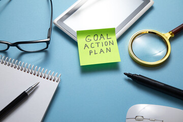 Sticker - Goal. Action. Plan on sticky note. Business concept