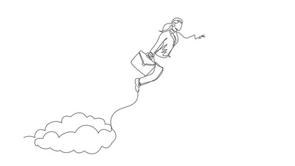 Poster - Self drawing animation of single line draw brave businesswoman make risk by jump over clouds to reach her success target or flag. Challenge of her career. Continuous line draw. Full length animated