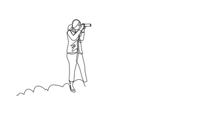Poster - Animated self drawing of continuous one line draw businesswoman riding high cloud holding telescope to search for business visionary. Vision to see company strategy. Full length single line animation