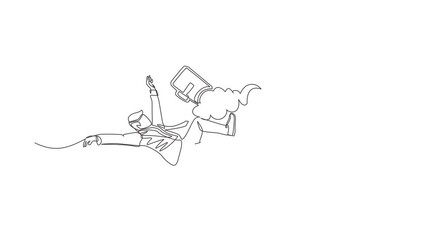 Poster - Animated self drawing of continuous line draw businessman falling from sky. Failure. Employee dismissal and bankruptcy. Financial crisis. Person loses business and job. Full length one line animation