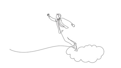 Poster - Animated self drawing of continuous line draw businessman superhero flies up leaves cloud of dust. Super worker in robe cloak takes off. Power and uniqueness business. Full length one line animation