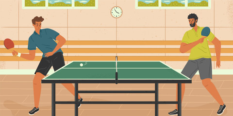 Table tennis sport vector illustration. Two man playing ping pong game. Sport concept. Indoor court for table tennis match