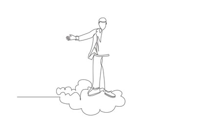 Poster - Self drawing animation of single one line draw happy businessman on top of cloud with raised hands. Successful business. Financial freedom, happiness, peaceful. Continuous line. Full length animated