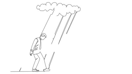 Poster - Animated self drawing of continuous line draw depressed sad businessman in walking under rain cloud. Alone loser male depression. Loneliness in overcast weather. Full length single line animation