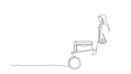 Poster - Animated self drawing of continuous line draw Arabic businesswoman pushing cart with treasure chest. Wheelbarrow with jewelry, treasures. Business, finance concept. Full length single line animation