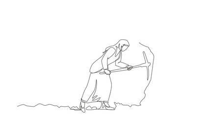 Poster - Animated self drawing of continuous line draw Arab businesswoman digging with pickaxe to get diamond. Worker digging and mining for diamond in an underground tunnel. Full length one line animation