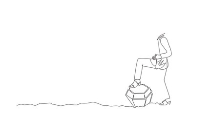 Poster - Self drawing animation of single line draw Arab businesswoman digging ground with pickaxe finding diamond. Success business, achievement, discovery concept. Continuous line draw. Full length animated