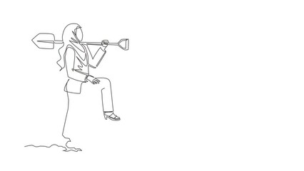 Poster - Animated self drawing of continuous line draw Arab businesswoman digging ground with shovel finding treasure chest. Success business, achievement, discovery concept. Full length single line animation