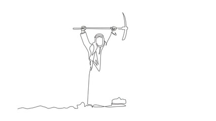 Poster - Animated self drawing of continuous line draw Arabic businessman in hole prancing happily while lifting pickaxe with both hands and finding diamond or precious stone. Full length one line animation
