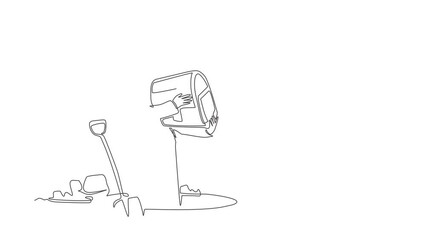 Poster - Animated self drawing of continuous line draw man hunter seeker hold chest find treasure in ground. Excited Arabian businessman with gem artefact. Treasure gold hunting. Full length one line animation