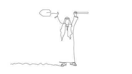Poster - Animated self drawing of continuous line draw Arab businessman standing and lifting big shovel. Business concept. Depicts hard work, success, achievement, discovery. Full length single line animation