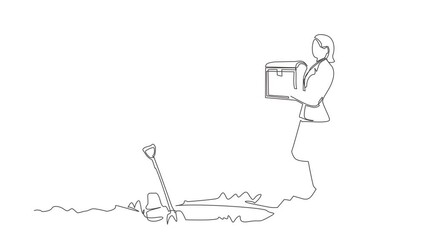 Poster - Animated self drawing of continuous line draw businesswoman walking holding treasure chest. Woman with treasure box that contained many gold coins. Business metaphor. Full length single line animation