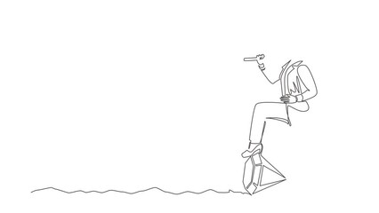 Poster - Self drawing animation of single line draw businesswoman digging ground with pickaxe finding diamond. Success business, achievement, and discovery concept. Continuous line draw. Full length animated
