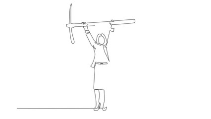 Wall Mural - Animated self drawing of continuous line draw businesswoman standing and lifting big pickaxe. Business concept. Depicts hard work, success, achievement, discovery. Full length single line animation