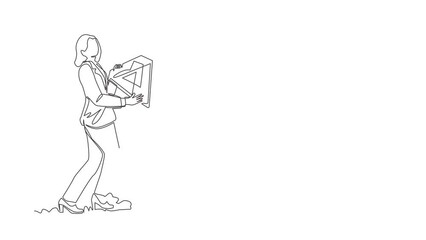 Poster - Animated self drawing of continuous line draw businesswoman walking and holding big diamond. Happy woman with precious stone. Successful business and finance concept. Full length one line animation